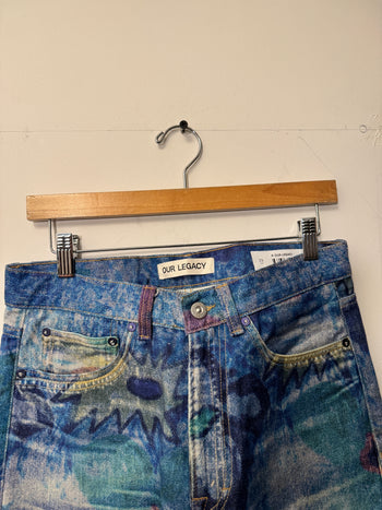 OUR LEGACY THIRD CUT DIGITAL CHALK PRINT FLOWER HANK GRUNER DENIM JEANS
