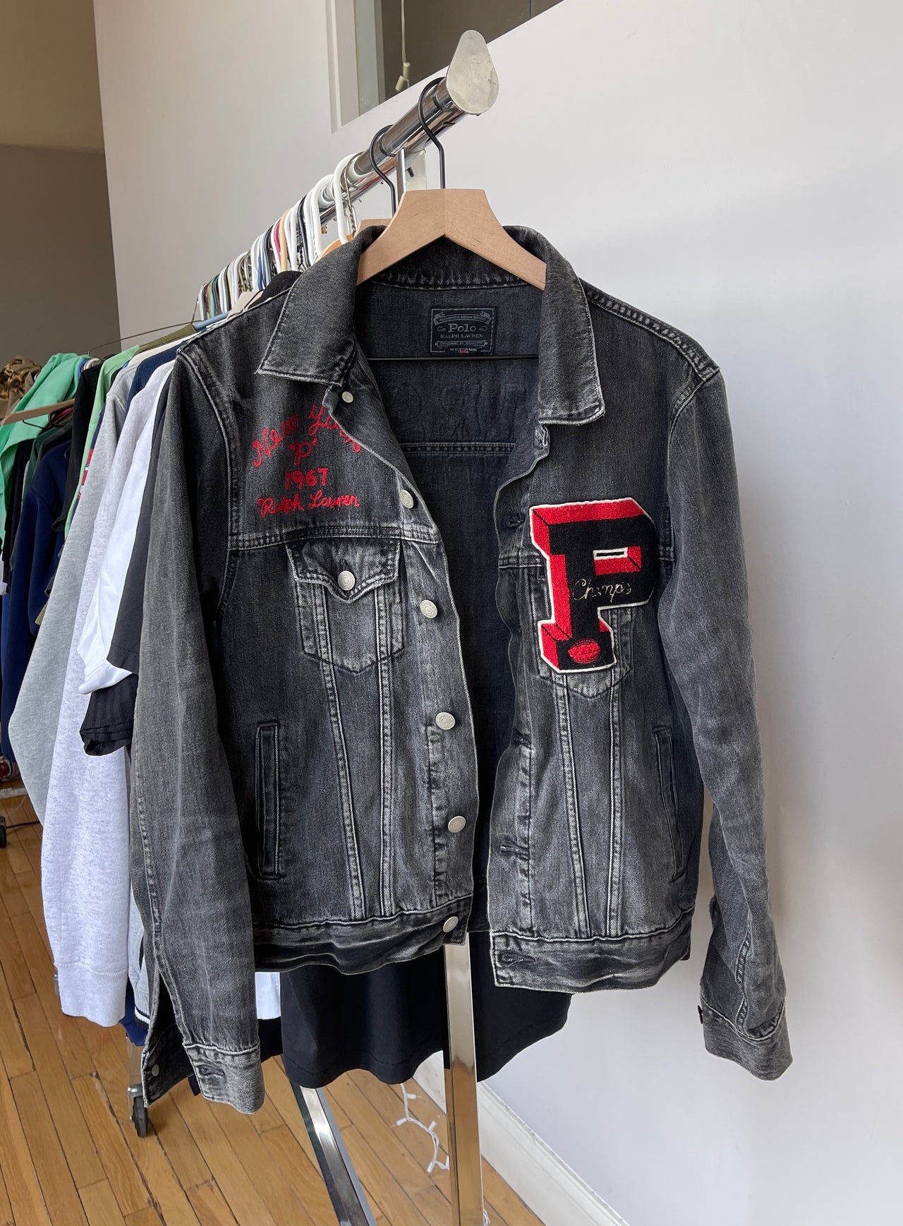 POLO RALPH LAUREN BULLDOG VARSITY FOOTBALL BLACK DENIM JACKET