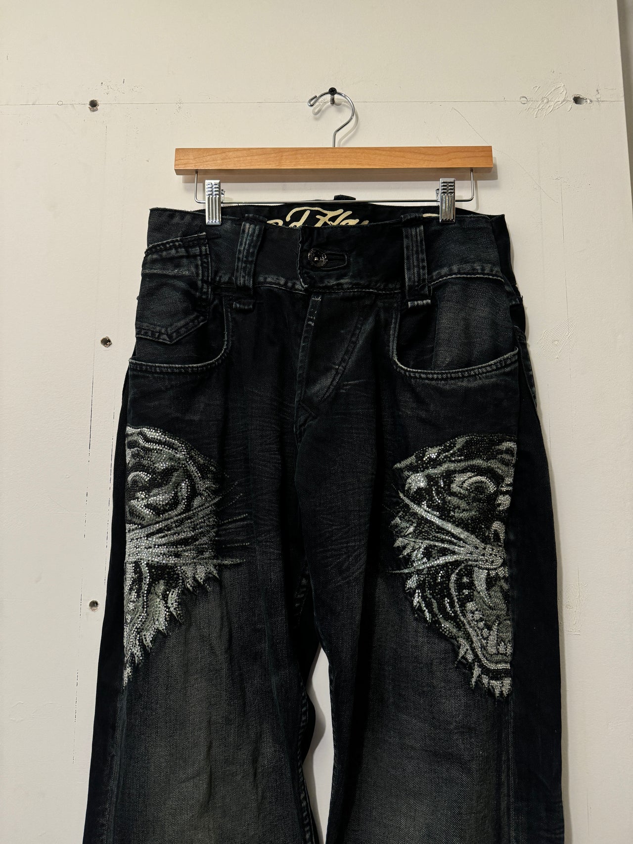 Y2K ED HARDY RHINESTONE TIGER BLACK DENIM JEANS