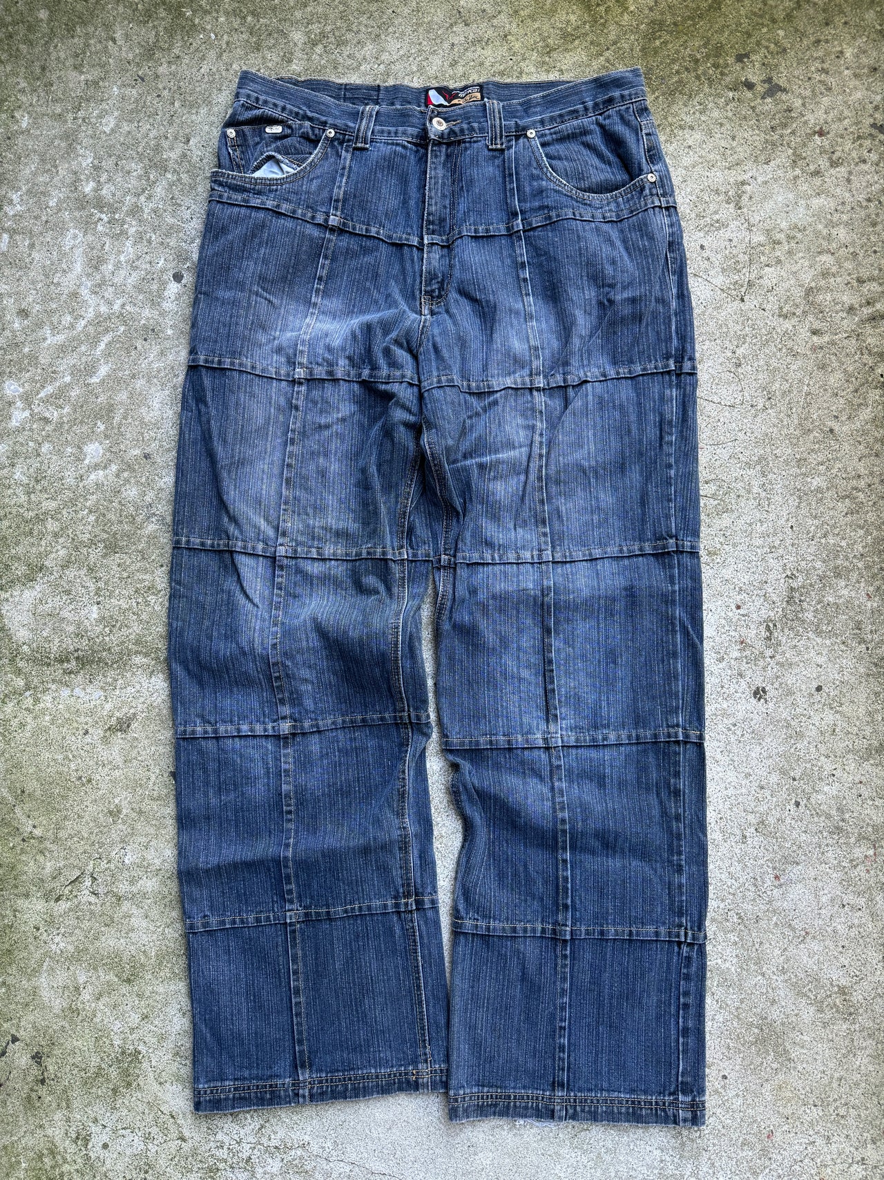 2000s Y2K BAGGY WIDE LEG PATCH WORK THRASHED DENIM SKATER JEANS