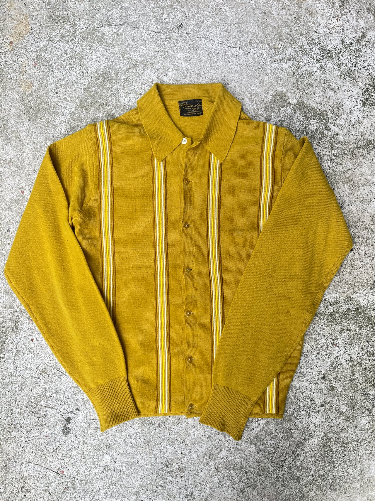 1960s 1970s SEARS STRIPED MUSTARD ACRYLIC CARDIGAN