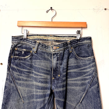 NUMBER NINE HEART TEAR PATCH ZIPPO FADED MUD WASH DENIM JEANS