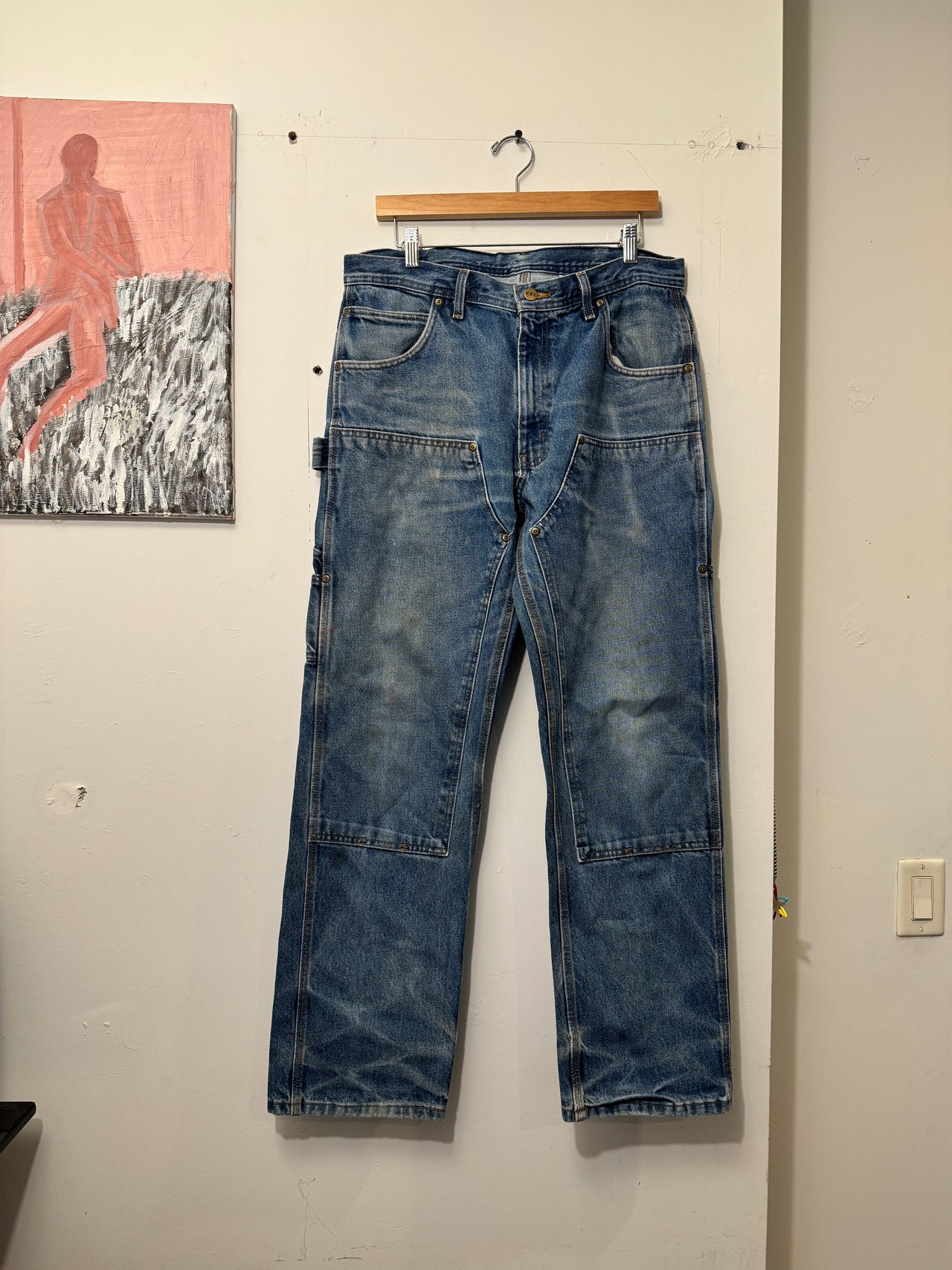 2000S KEY THRASHED DENIM DOUBLE KNEE CARPENTER WORK JEANS