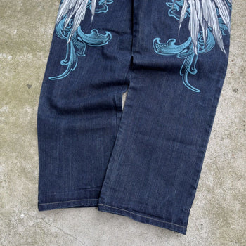 2000S Y2K RAW BLUE BAGGY CYBER WING DENIM SEQUIN JEANS