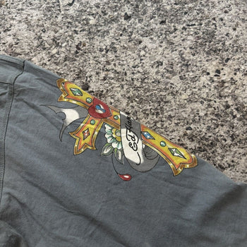 2000s Ed Hardy Faded Ghost Skull Rhinestone Henley Shirt