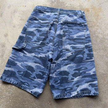 2000s Y2K BLUE CAMO BAGGY SKATER DENIM JEAN SHORTS JORTS