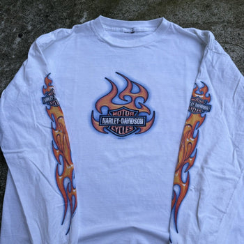 2000S HARLEY DAVIDSON FADED THRASHED FLAME LOGO LONGSLEEVE TEE