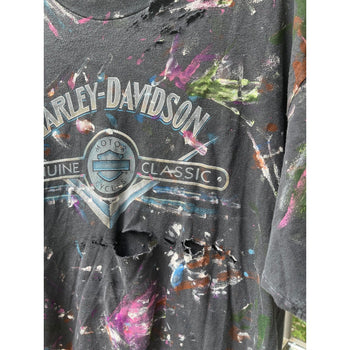 1990s HARLEY DAVIDSON THRASHED PAINTED LOGO FLAME TEE