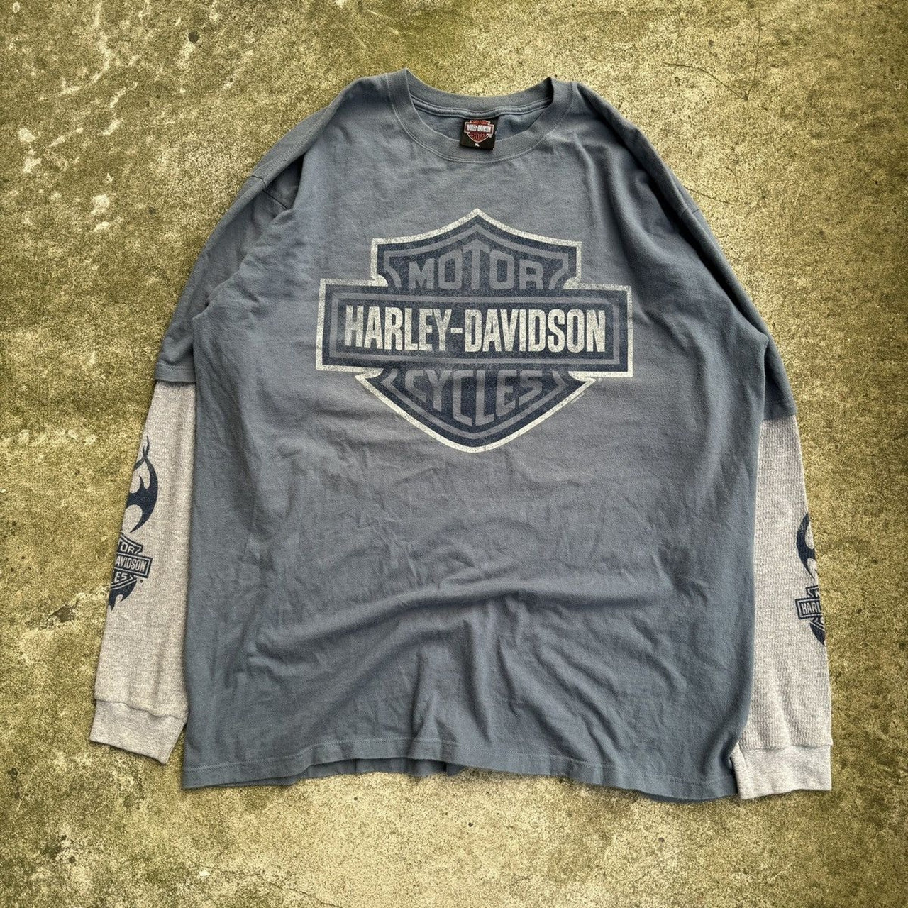 2000S HARLEY DAVIDSON BLUE FLAME LOGO THERMAL LONGSLEEVE TEE