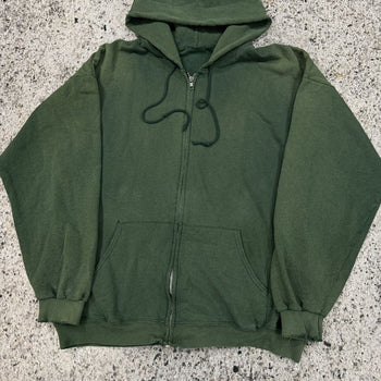 1990s OVERSIZED SUN FADED THRASHED GREEN MADE IN USA ZIP UP HOODIE