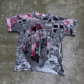 1990S SKELETON BIKER FLAME ALL OVER PRINT TEE