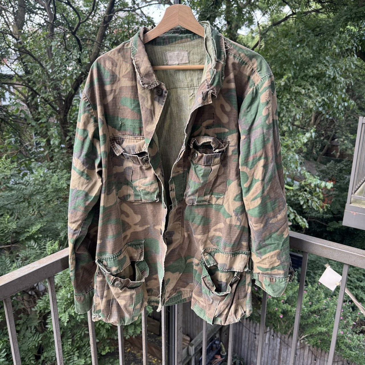 1980s Thrashed Camo Cargo Fatigue Shirt