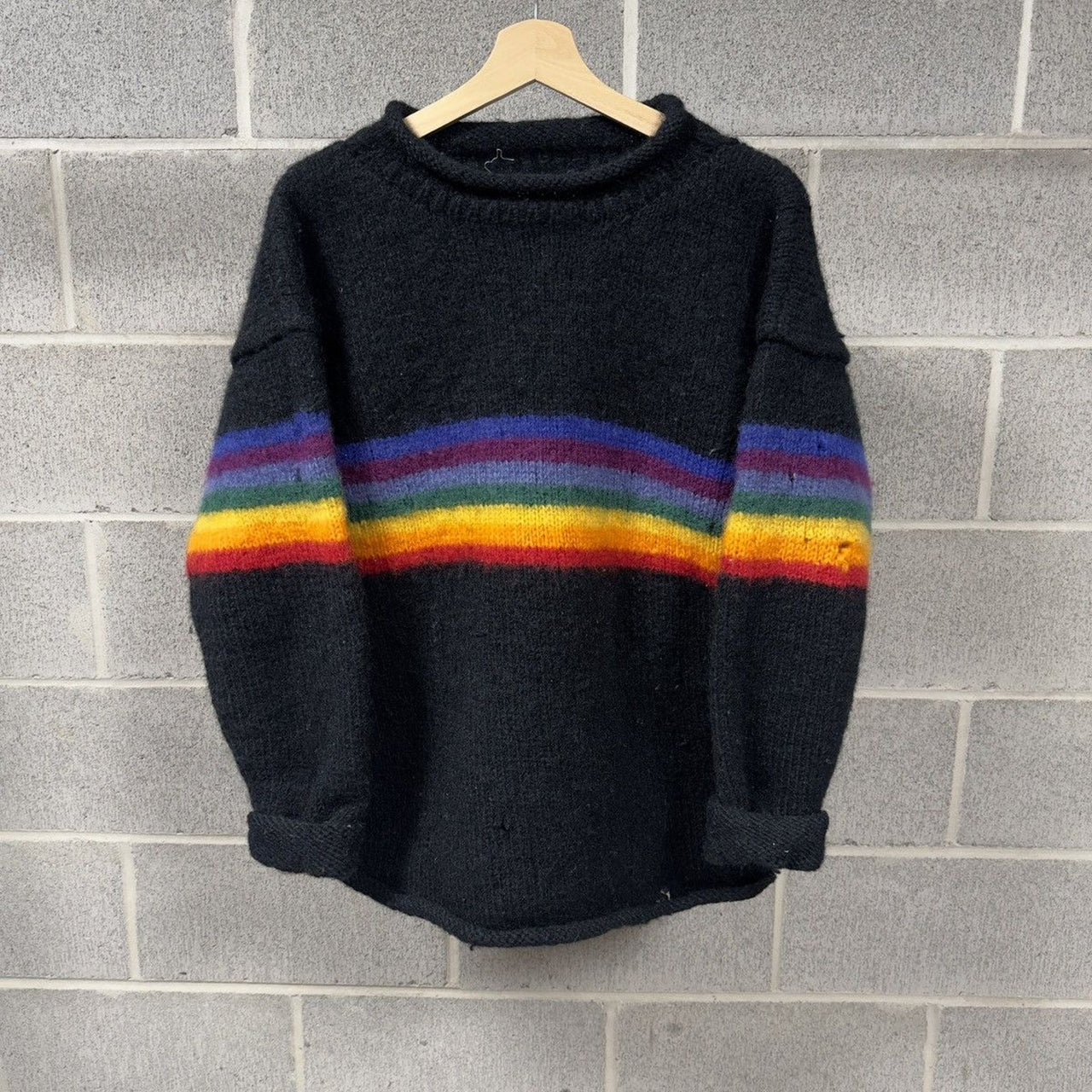 1990s Distressed Rainbow Wool Striped Knit Sweater