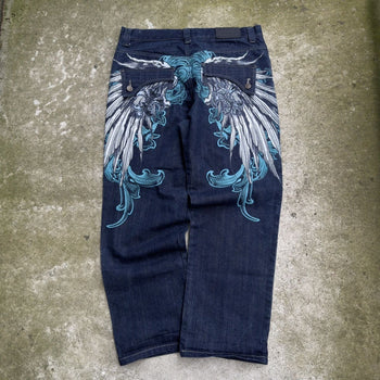 2000S Y2K RAW BLUE BAGGY CYBER WING DENIM SEQUIN JEANS