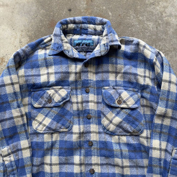 1990S/2000S Y2K BLUE PLAID SURF WOOL FLANNEL BUTTON UP SHIRT M