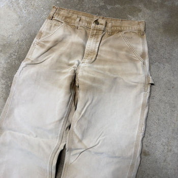 VINTAGE CARHARTT THRASHED FADED TAN DENIM DOUBLE KNEE PANTS