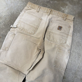 VINTAGE CARHARTT THRASHED FADED TAN DENIM DOUBLE KNEE PANTS