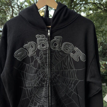 Sp5der Phantom Black Rhinestone Zip Up Hoodie SS25