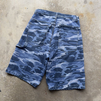 2000s Y2K BLUE CAMO BAGGY SKATER DENIM JEAN SHORTS JORTS