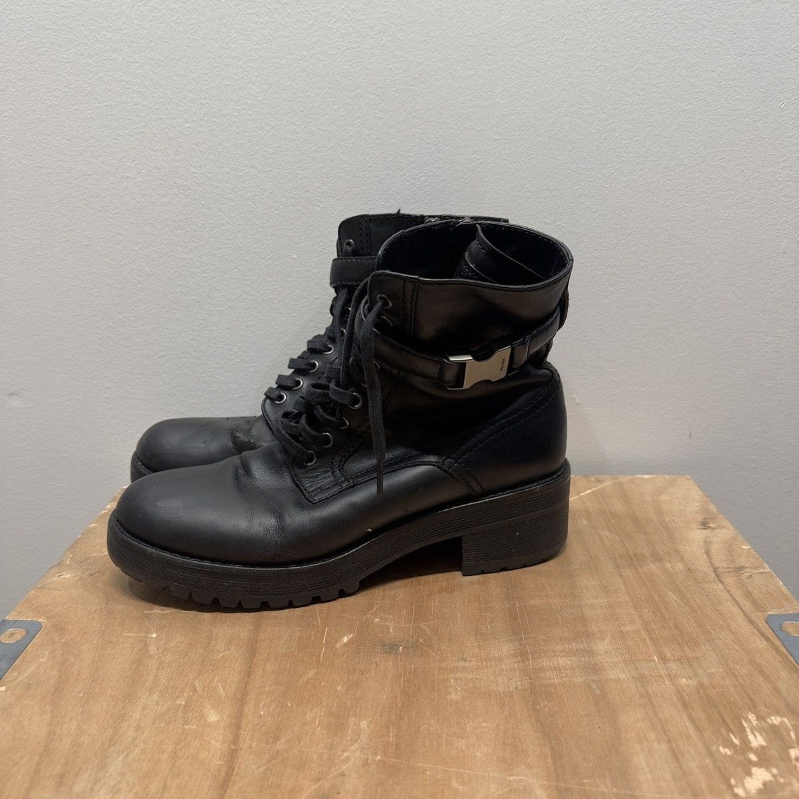 2000s Prada Sport Linea Rossa Leather Buckle Combat Boots Distressed