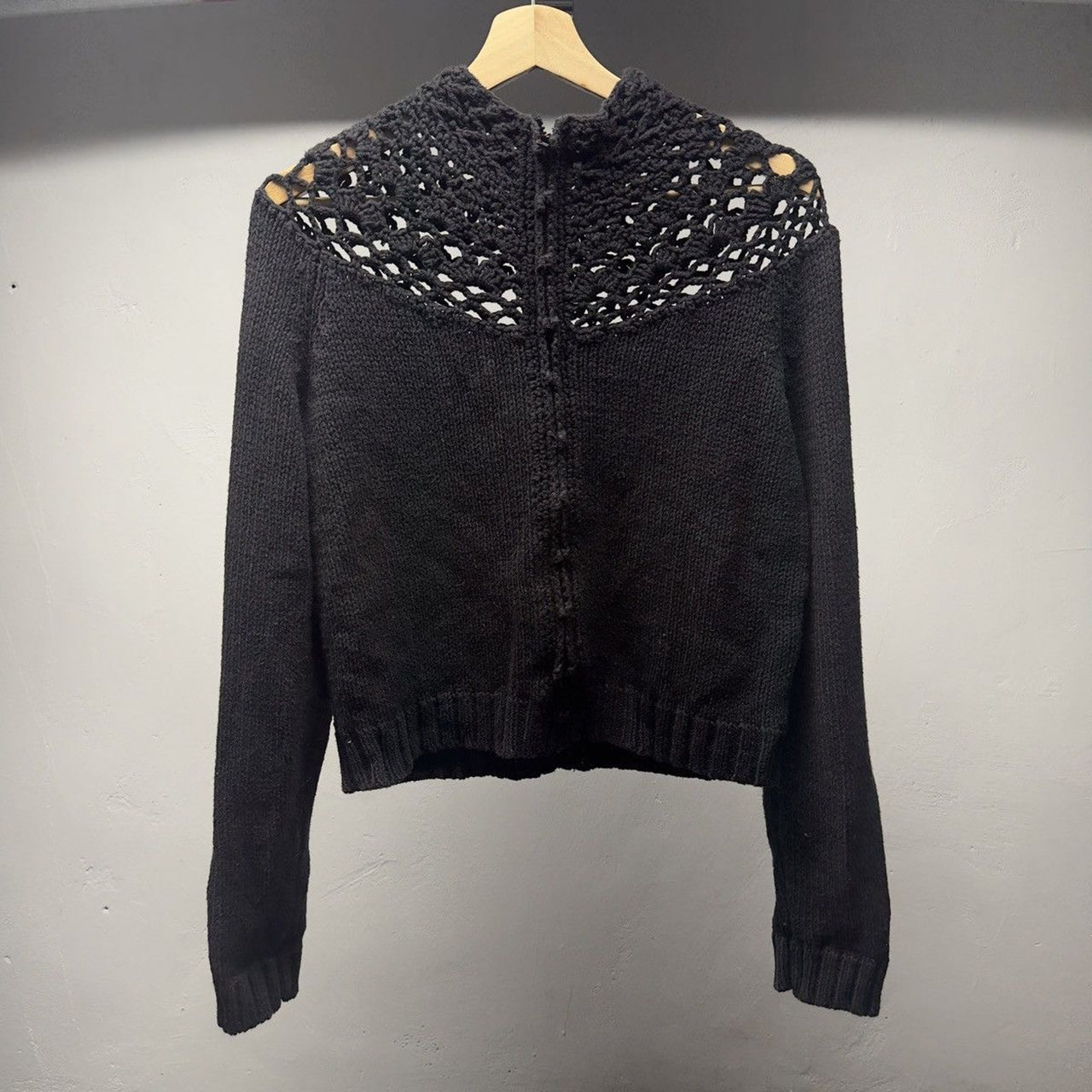 1990s Women's Crochet Yoke Knit Lace Mock Neck Zip Sweater