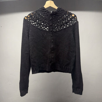 1990s Women's Crochet Yoke Knit Lace Mock Neck Zip Sweater