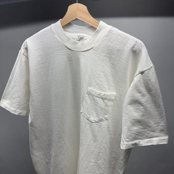 1980s Cream White Blank White Mock Neck Pocket Tee
