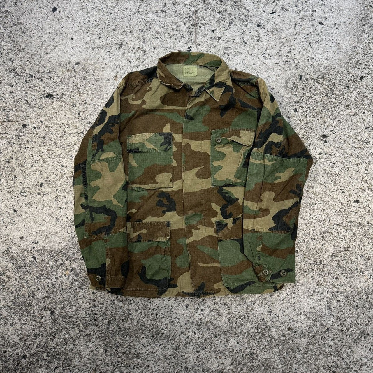 1980s US Woodland Camo Cargo Fatigue Shirt