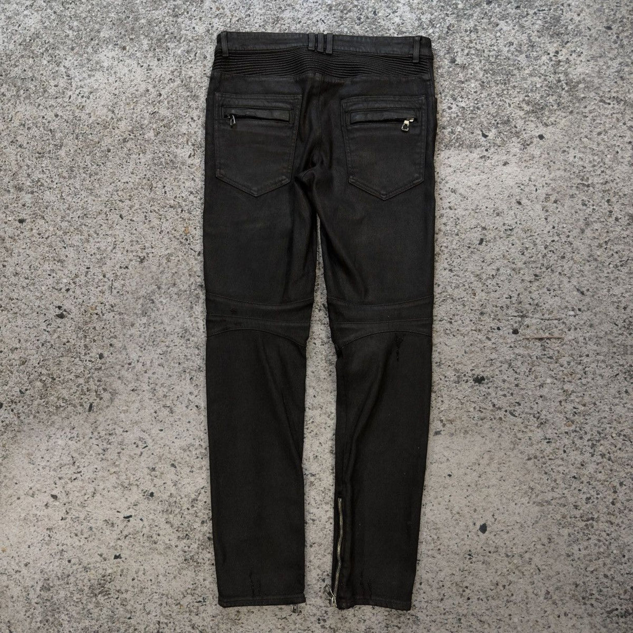 Balmain H&M Runway Waxed Biker Denim Jeans
