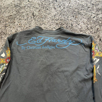 2000s Ed Hardy Faded Ghost Skull Rhinestone Henley Shirt