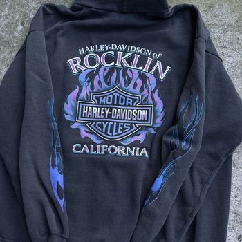 2000S HARLEY DAVIDSON FADED CALIFORNIA BLUE FLAME ZIP UP HOODIE