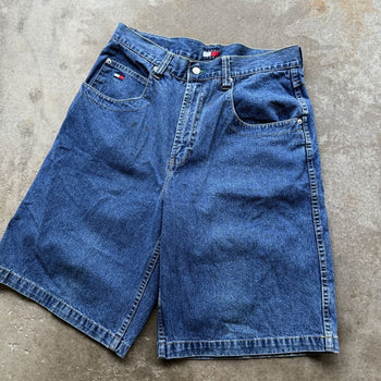 1990S TOMMY HILFIGER BAGGY PATCH LOGO DENIM SKATER SHORTS