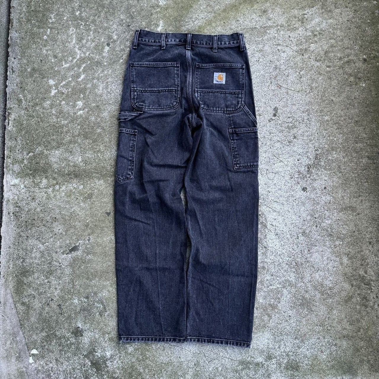 CARHARTT FADED THRASHED BLACK DENIM CARPENTER PANTS