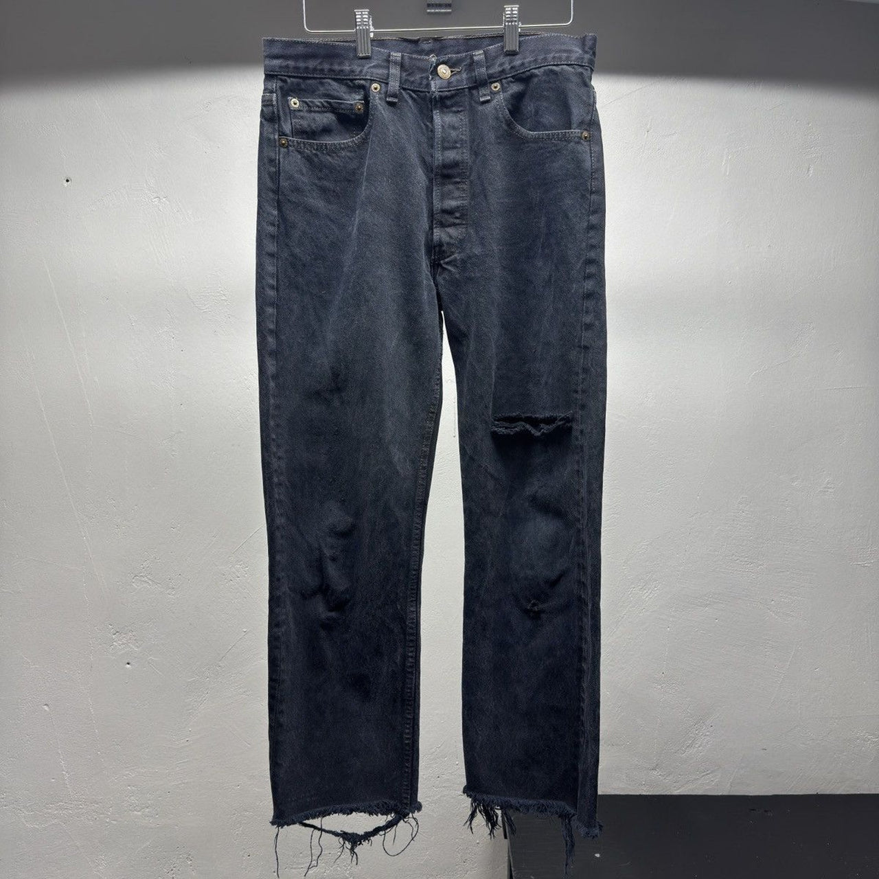 1990s Levi's 501 Black Distressed Cropped Jeans - Made in USA