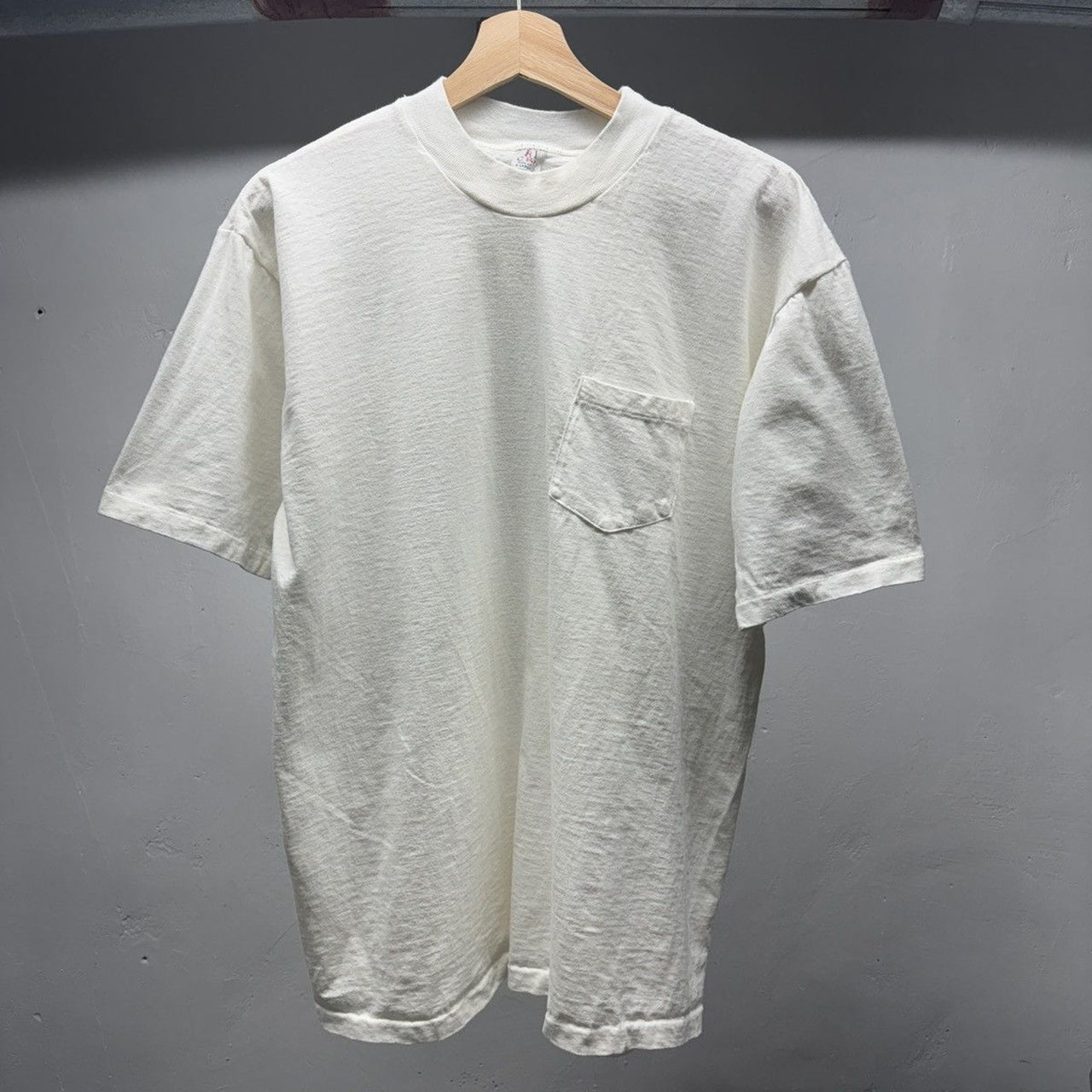 1980s Cream White Blank White Mock Neck Pocket Tee