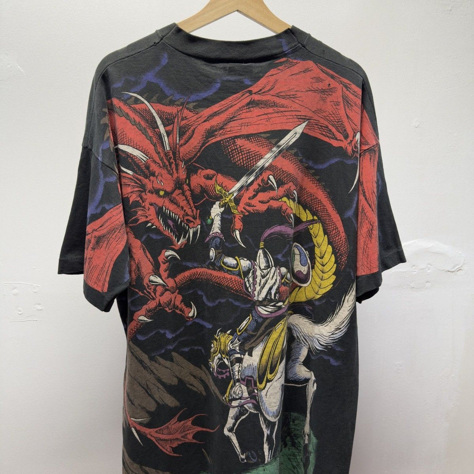 Vintage 1990s Liquid Blue Dragon Faded Distressed All Over Print Tee