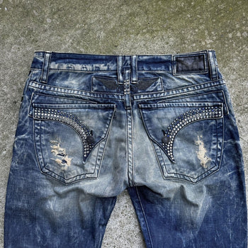 ROBIN'S JEANS STUDDED FLAP DISTRESSED WASHED DENIM JEANS