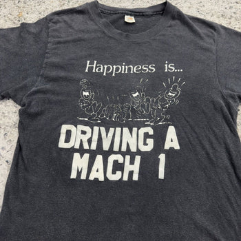 1970s Faded Happiness Is Driving A Mach 1 Flock Print Tee