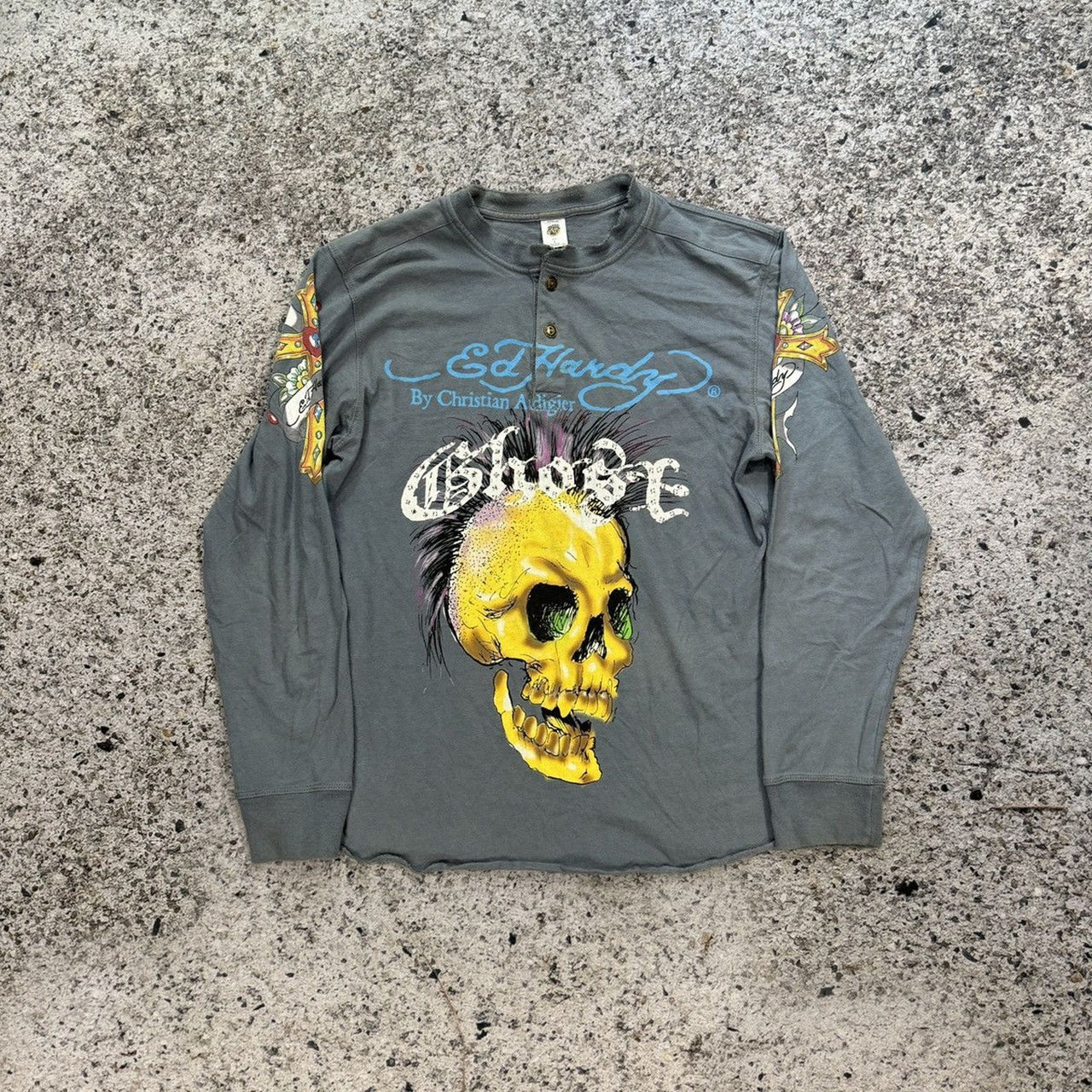 2000s Ed Hardy Faded Ghost Skull Rhinestone Henley Shirt