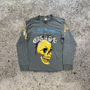 2000s Ed Hardy Faded Ghost Skull Rhinestone Henley Shirt