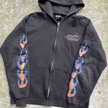 1990s HARLEY DAVIDSON FADED BLUE ORANGE FLAMES ZIP UP HOODIE