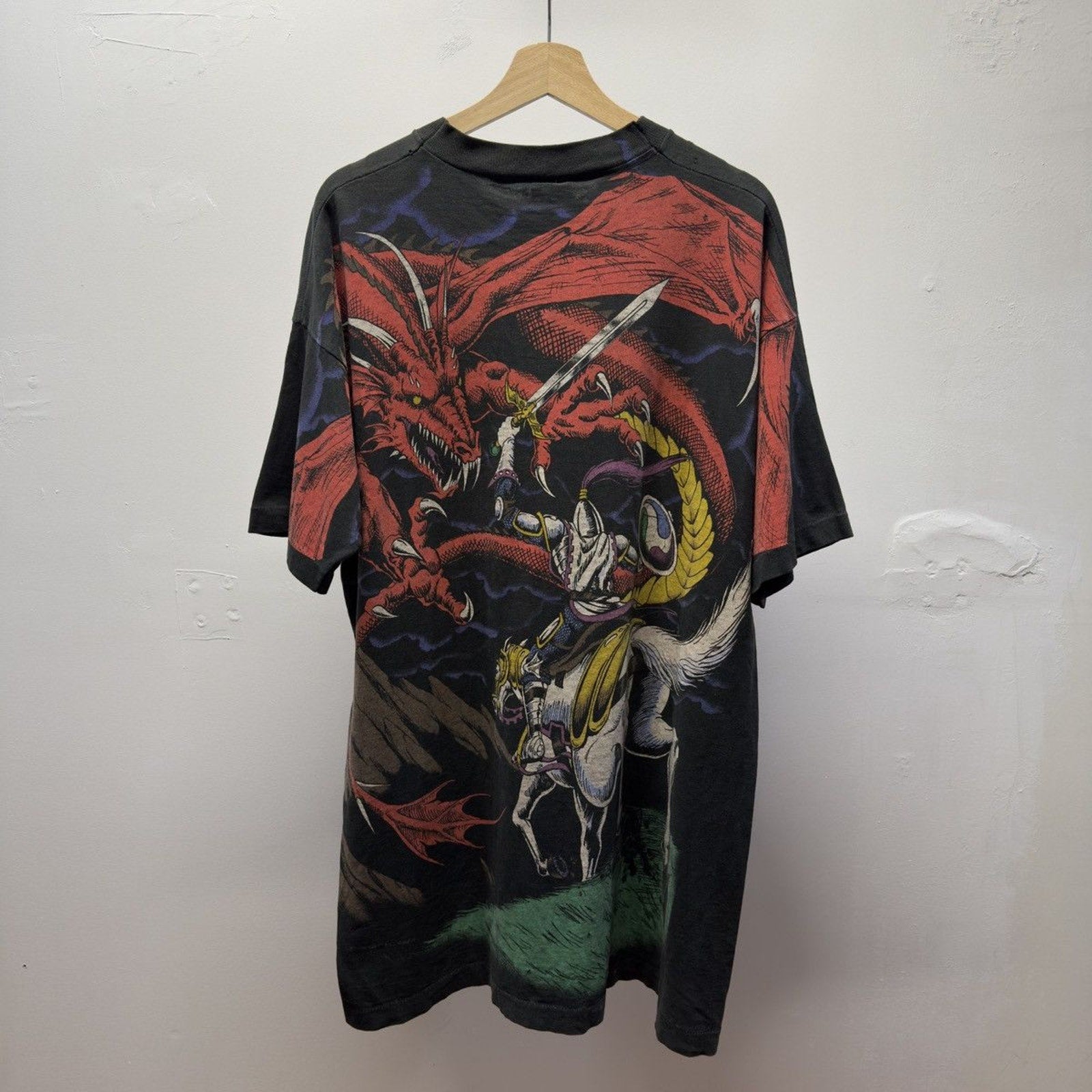 Vintage 1990s Liquid Blue Dragon Faded Distressed All Over Print Tee