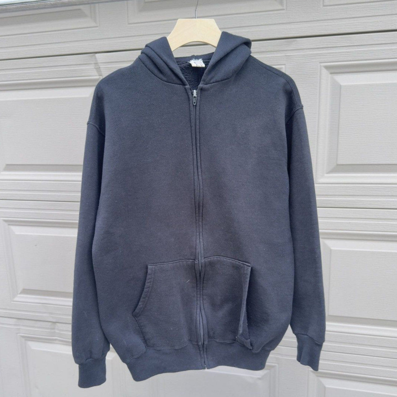 1990s/ 2000s Faded Black Zip Up Russell Hoodie