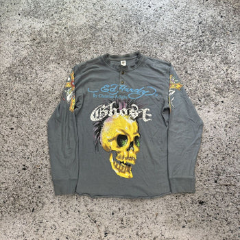 2000s Ed Hardy Faded Ghost Skull Rhinestone Henley Shirt