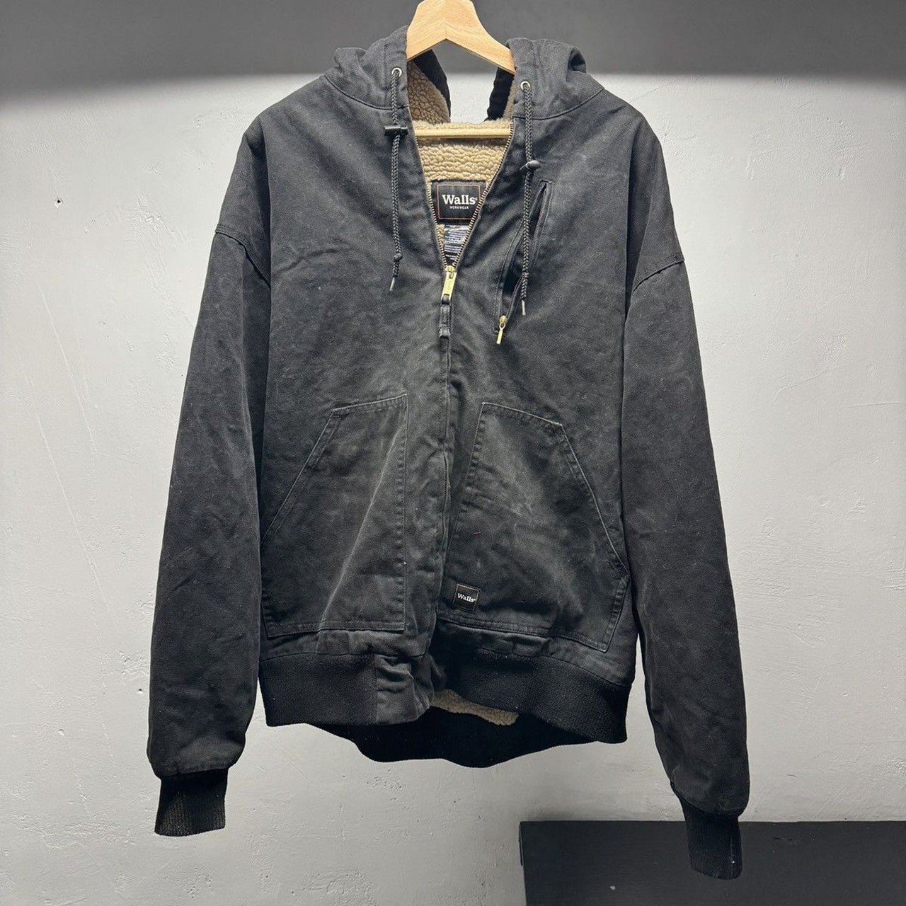 2000s Walls Faded Black Hooded Zip Up Sherpa Lined Work Jacket