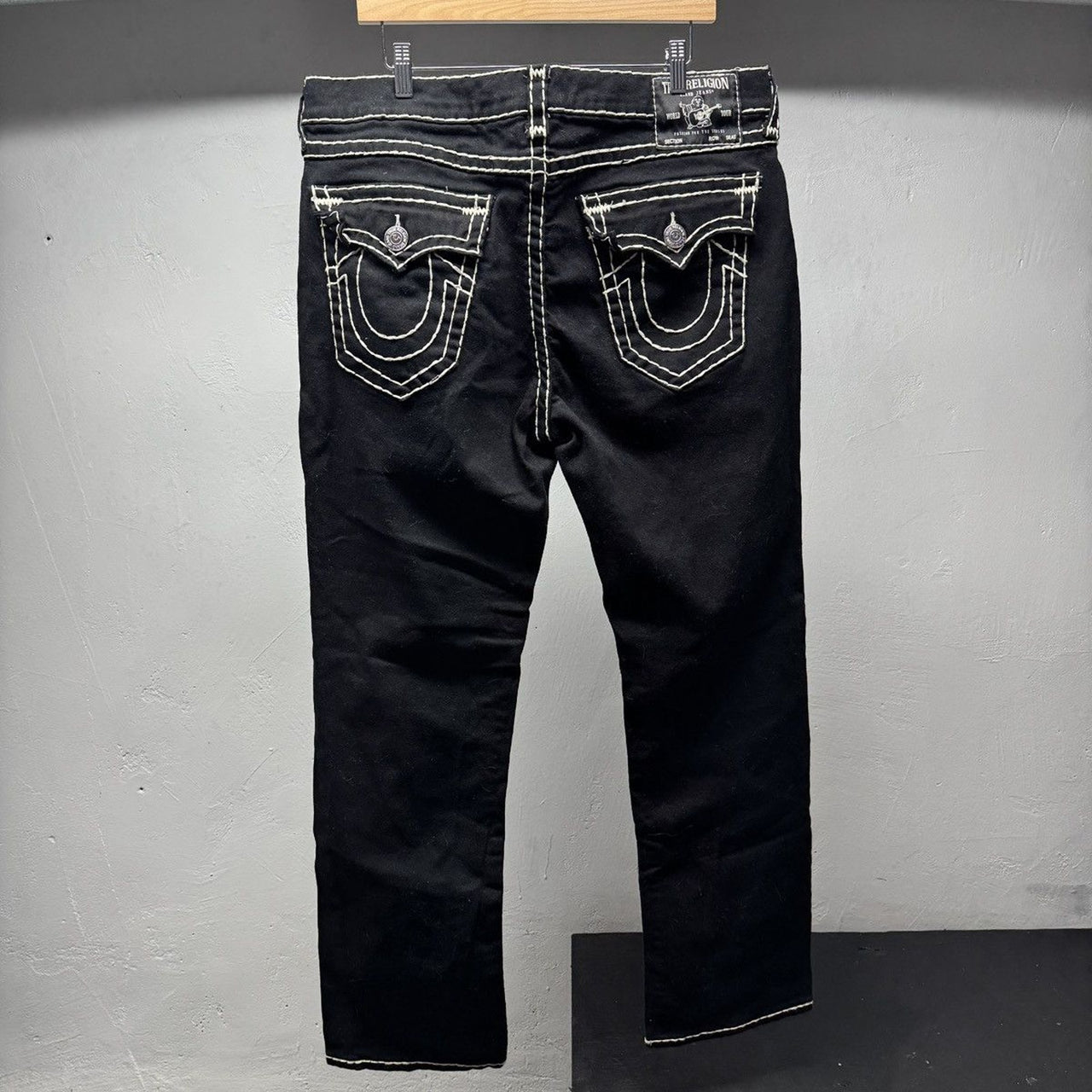 True Religion Black White Stitch Relaxed Straight Ricky Jeans