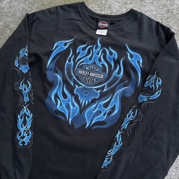 2000s HARLEY DAVIDSON BLUE SKULL FLAME LONGSLEEVE TEE VIRGINIA BEACH