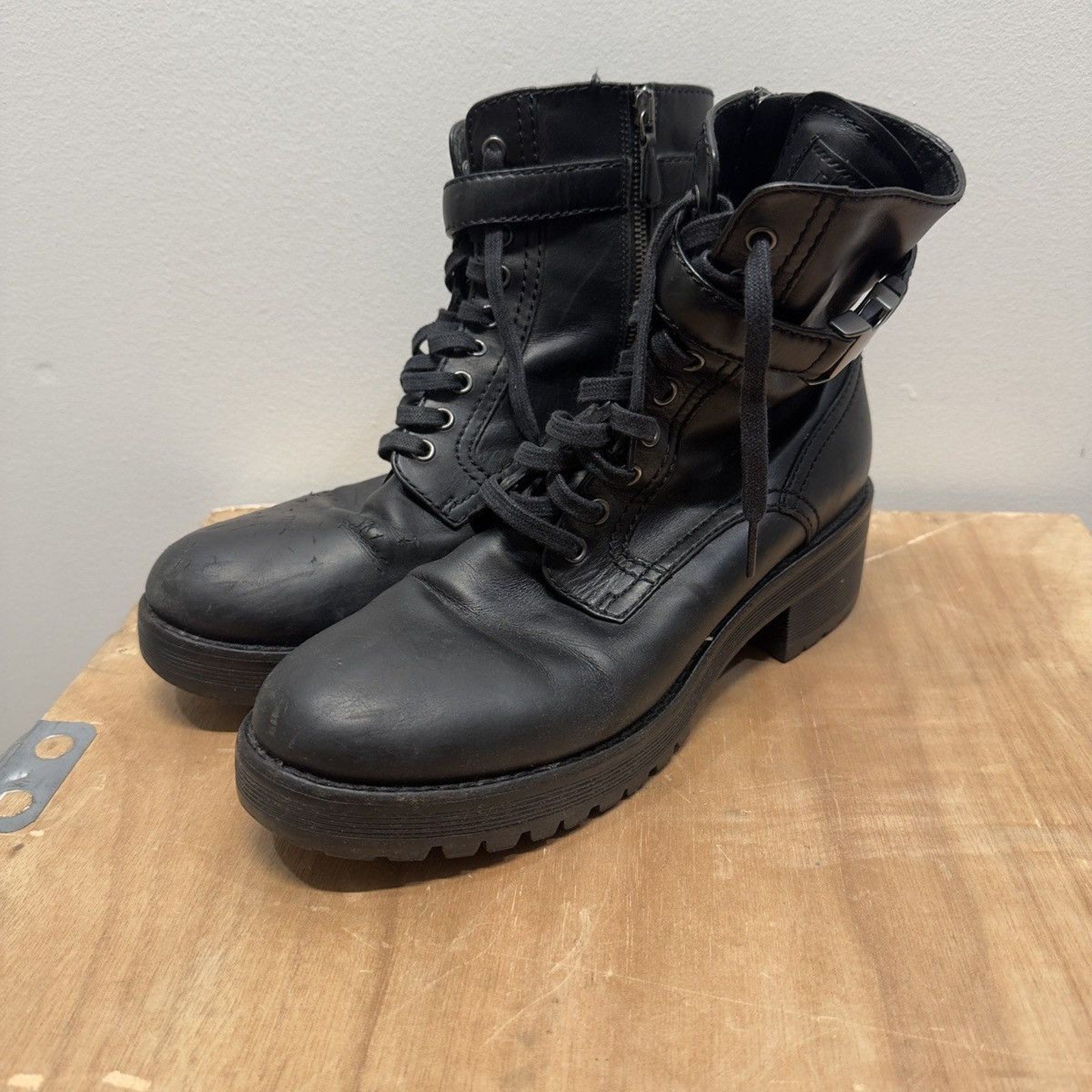 2000s Prada Sport Linea Rossa Leather Buckle Combat Boots Distressed