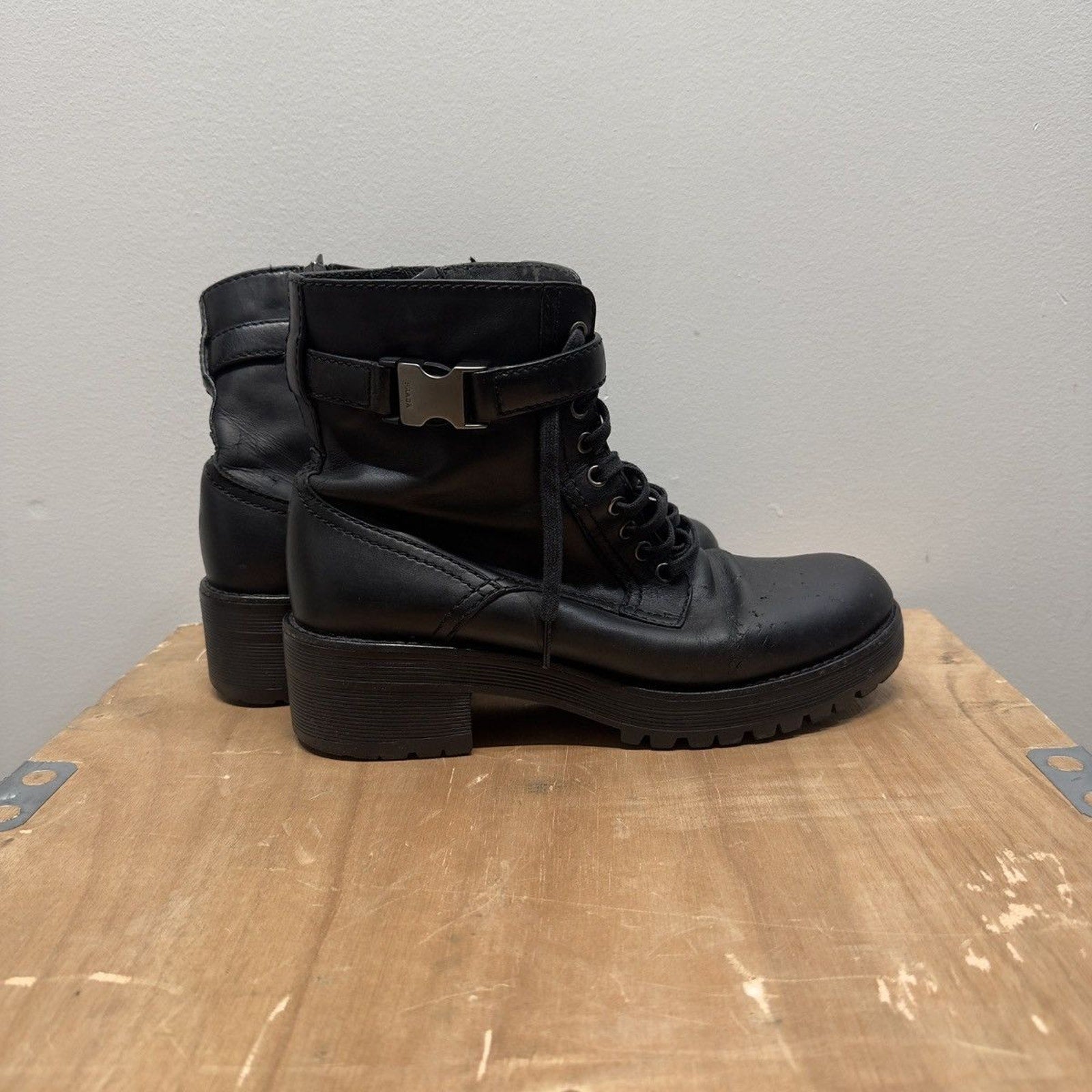 2000s Prada Sport Linea Rossa Leather Buckle Combat Boots Distressed