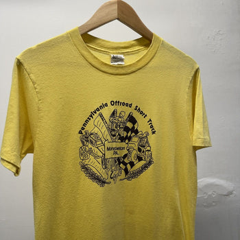 Vintage 1980s Faded Pale Yellow Short Track Racing Tee